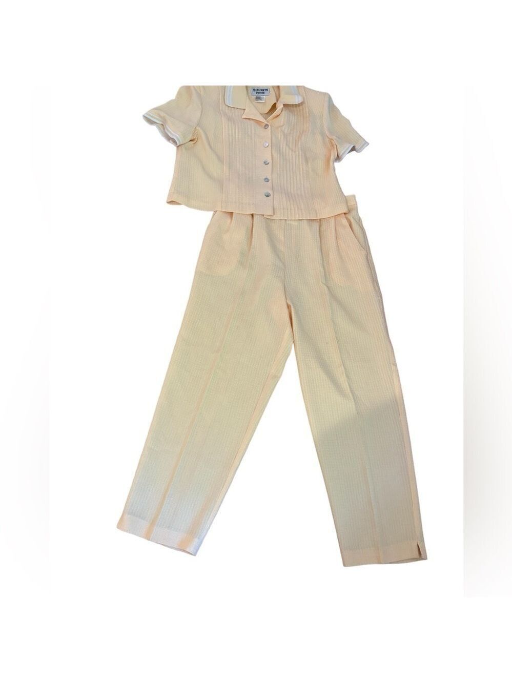 90s 2 PC SUNSHINE YELLOW TEXTURED FABRIC CROPPED POLO TOP & PANT PLAZA SOUTH 12P - Picture 4 of 15